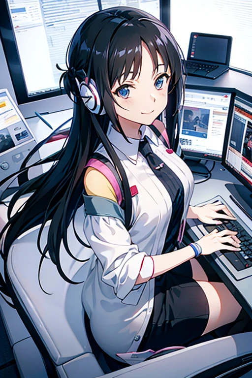Shoulder-length hair Black Hair Office Lady Using a computer Office Woman Anime Style smile Wearing headphones