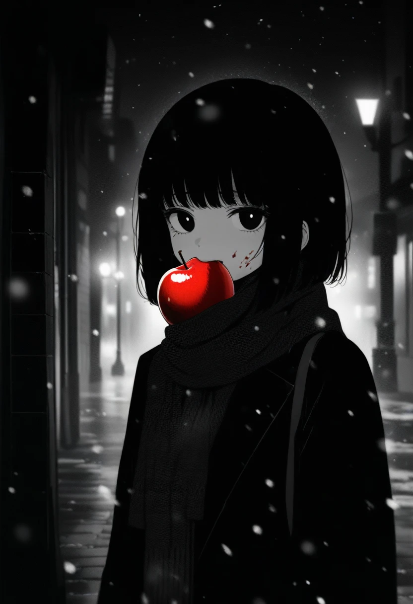 masterpiece, best quality, 1girl, momose_(oqo) official art, grayscale, manga style, japanese, chi no wadachi, black eyes, glowing white pupils, street, iced, black hair, schoolbag, lineart, looking at viewer, blood on face, black coat, black scarf, 35 years old, mature_female:1, tall, fair skinned, bokeh background, bob cut, light particles, centered, snowing, emotional anime scene, scenery, outdoors, (very aesthetic, best quality, ultra detailed), intricate details, red and blue lights flashing, cool, soleless, emotionless, tired, taking a bite out of a shiny red apple, eating apple, holding apple to lips, holding, street lamp, surrounded by darkness, stars in the sky, biting, full shot, sidewalk
