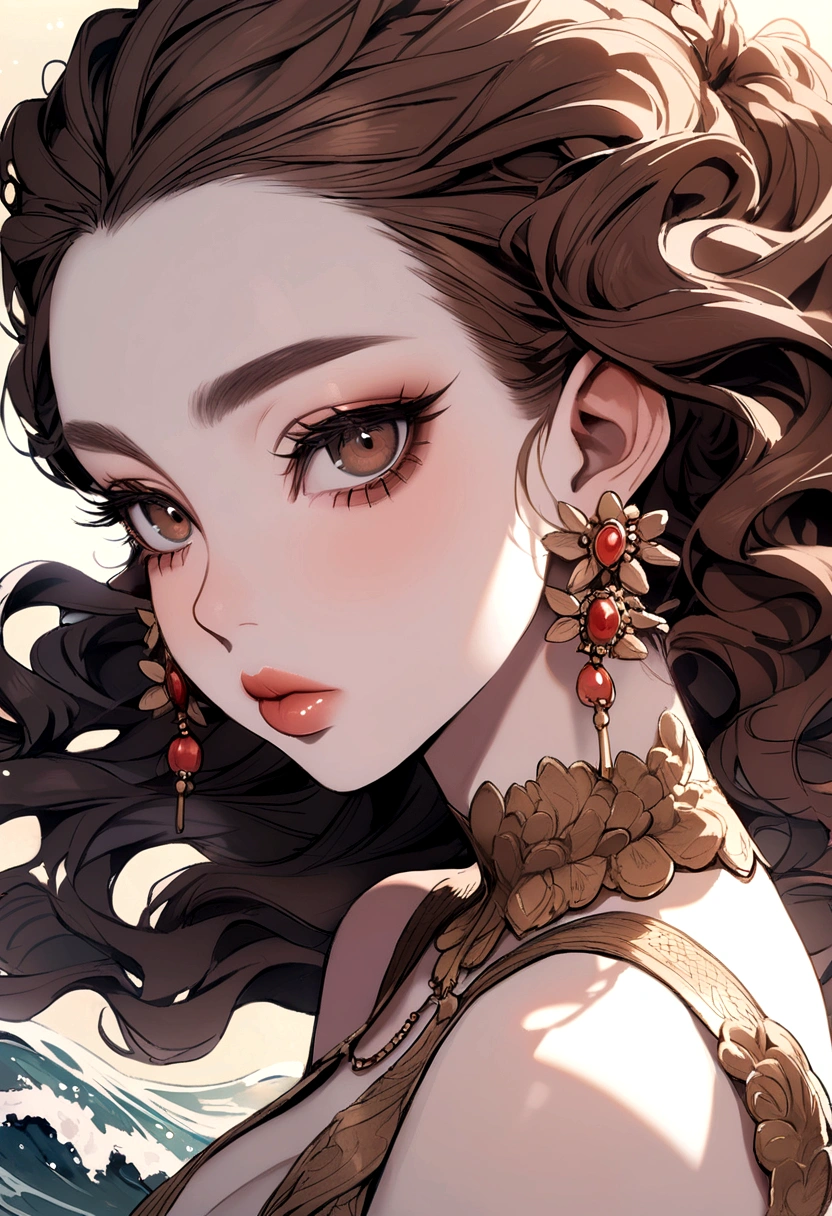 Dark brown eyes and brown with waves and open forehead, reddish cheeks, long eyelashes and big lips