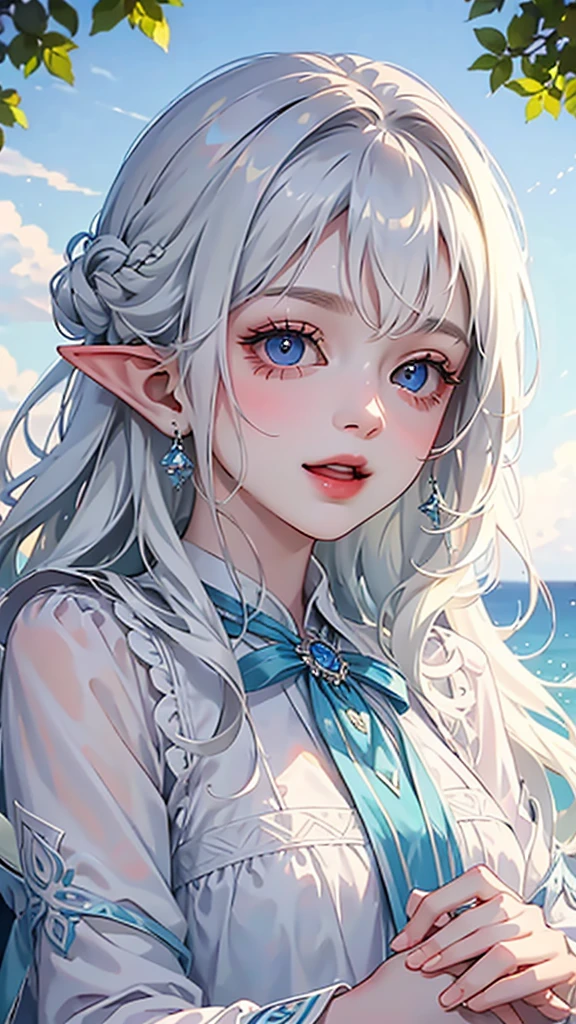 
((Highest quality)), ((masterpiece)), (detailed), One girl, The background is nature、The weather was sunny.、Silver hair straight long hair、Half Up、Parallel thin eyebrows、Double droopy eyes、Thin lips、Small nose、Blue Eyes、Long eyelashes、Delicate appearance、Illustration seen from the front、A big smile with an open mouth、White dress、Fantastic illustrations、Highlights are 7 colors、The light is on my face、Illustration of eyes matching the viewer、Elf、For delivery、Character portrait、whole body、Down to the toes、