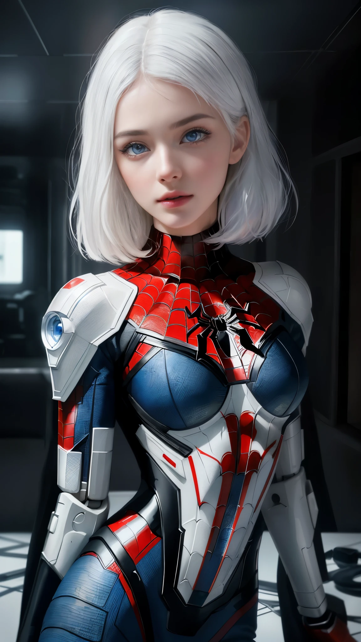 (1 girl:1.3), Alone, (((Very detailed face)))), ((Very detailed eyes and face.)))), beautifuls detalles ojos, body parts__, Official Art, unified 8k wallpaper, super detailed, beautiful and beautiful, beautiful, Masterpiece, Best Quality, Original, Masterpiece, super fine photo, Best Quality, super high resolution, realistic realism, sunlight, Full length portrait, extraordinary beauty, dynamic pose, delicate face, vibrant eyes, (FROM THE FRONT), He wears a Spider-Man suit., red and black color scheme, spider, fondo muy detallado del Ceiling de la ciudad, Ceiling, with city views, detailed face, detailed complex busy background, disordered, gorgeous, milky white, very detailed skin, realistic skin details, visible pores, clear focus, volumetric fog, 8k hd, DSLR, high quality, film grain, White skin, photographic realism, lomography, Futuristic dystopian megalopolis, translucent, eyes looking at the camera, Big , short hair,white hair ,full body,mecha,cyborg,robotic,long hair