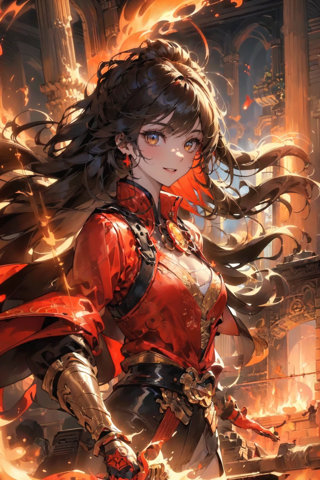8K, (masterpiece, best quality:1.5), CG Illustrations, Professional Illustration, Intricate details, high resolution, Delicate skin, Detailed background, High contrast, Fantasy Background, light, rich and colorful, Overly detailed art, Ultra-artistic style, 1 girl, High target, Molten Rock, flames, God of Fire and Lava, flame around body, whole body, (In the background is a ruined and burning castle), (flame服装), Head fever scorching, Confident smile, flame, Red Halo, Ashes and Dust, From below, The clothes are torn, SFW