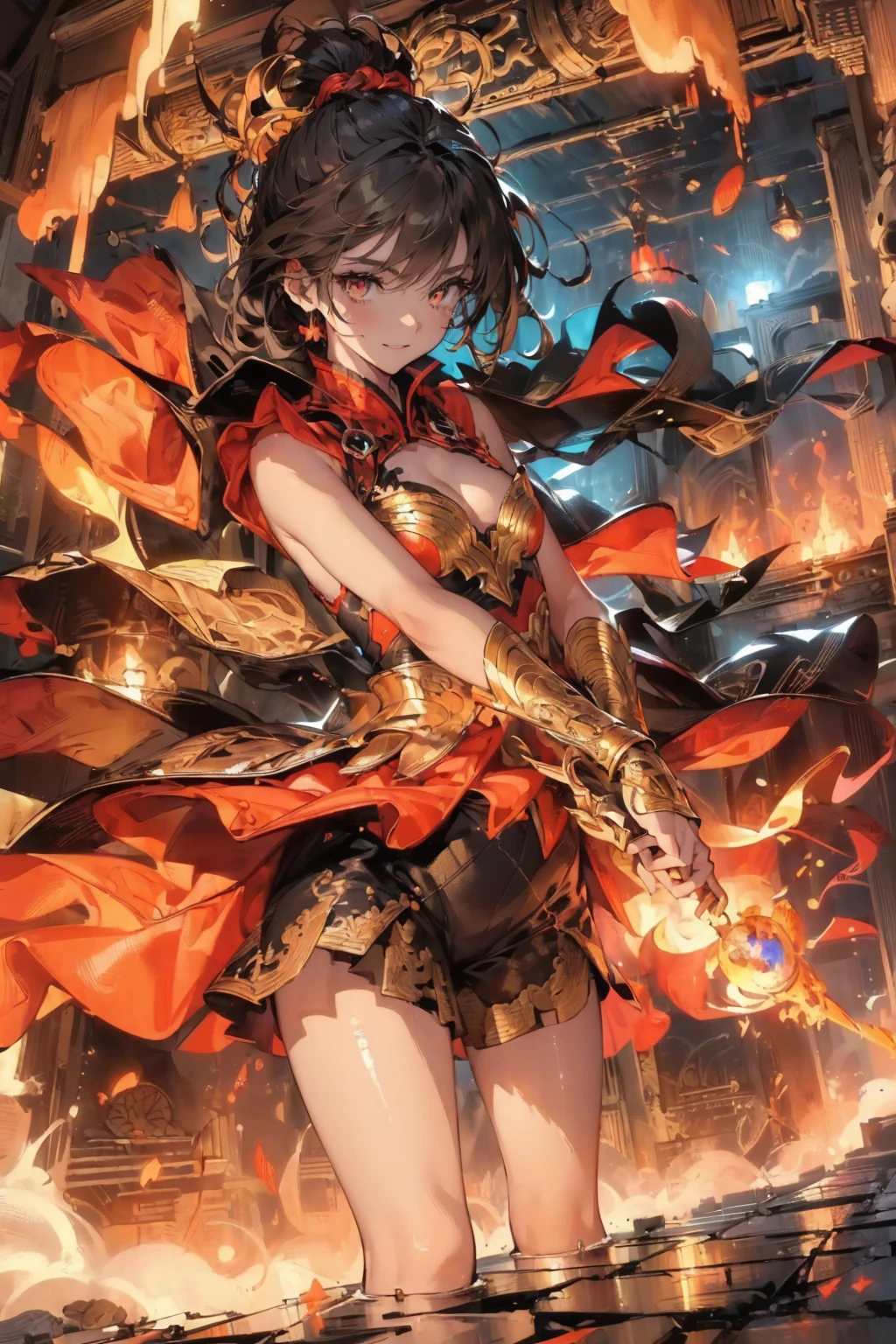 8K, (masterpiece, best quality:1.5), CG Illustrations, Professional Illustration, Intricate details, high resolution, Delicate skin, Detailed background, High contrast, Fantasy Background, light, rich and colorful, Overly detailed art, Ultra-artistic style, 1 girl, High target, Molten Rock, flames, God of Fire and Lava, flame around body, whole body, (In the background is a ruined and burning castle), (flame服装), Head fever scorching, Confident smile, flame, Red Halo, Ashes and Dust, From below, The clothes are torn, SFW