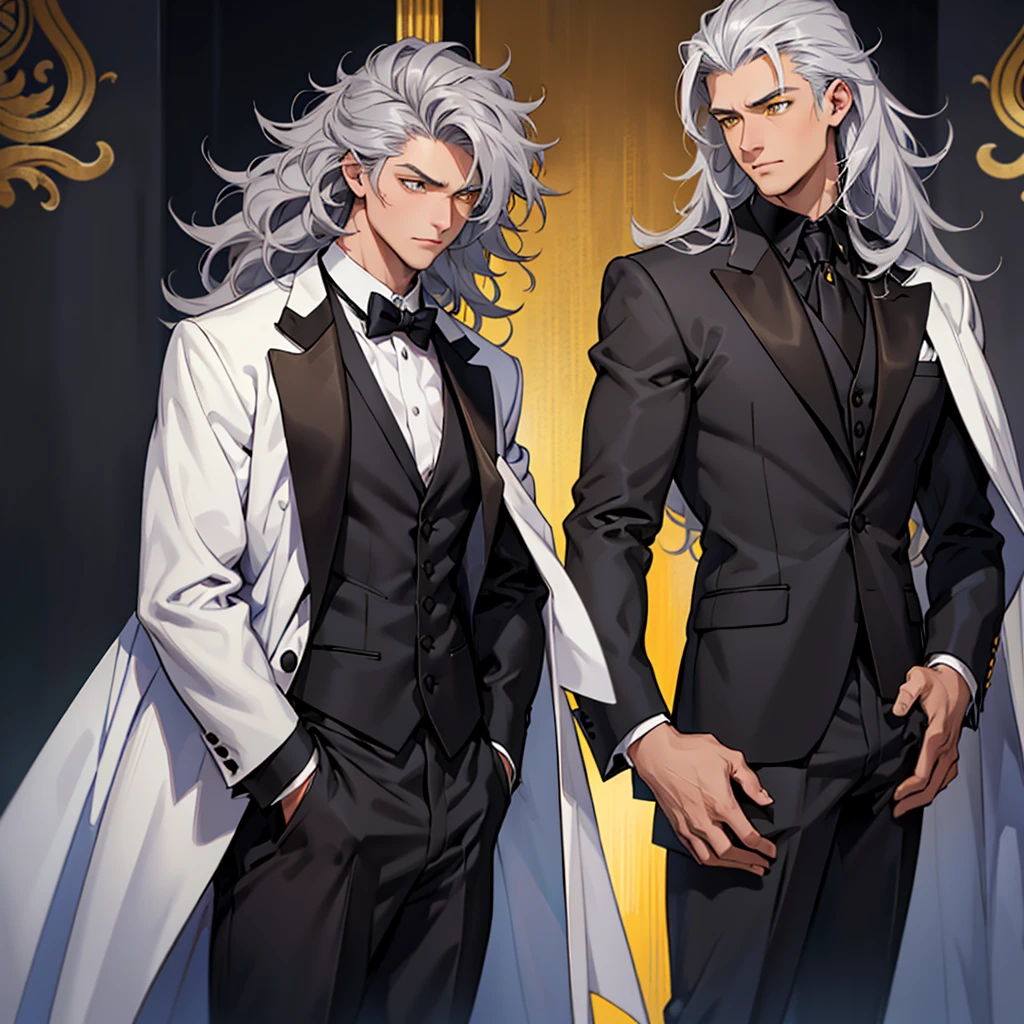 A 15 year old boy, just a boy, just a boy, weak body, fragile body, no muscles, big gray hair, gray hair, very big hair, extremely big hair, big hair, yellow eyes, suit, wearing black suit, tuxedo, wearing tuxedo, medieval background, medieval era, Ultra HD 4k, 4k, Ultra HD