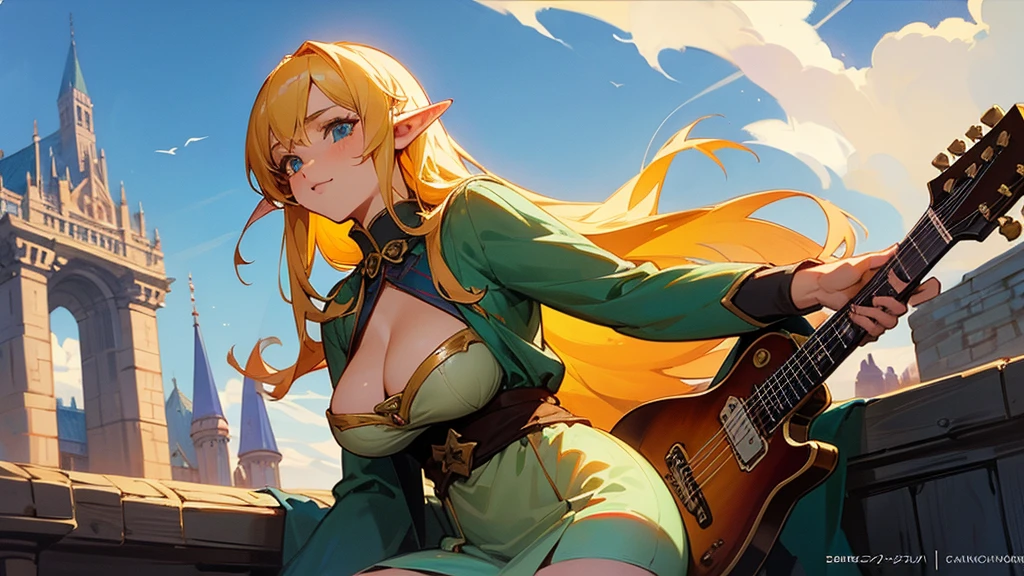 Anime Style,Nostalgic,Detailed background,The medieval world,A lively bar with lots of people,Beautiful sky,A beautiful elf bard with upward glances,guitar,Big cleavage,Healthy thighs