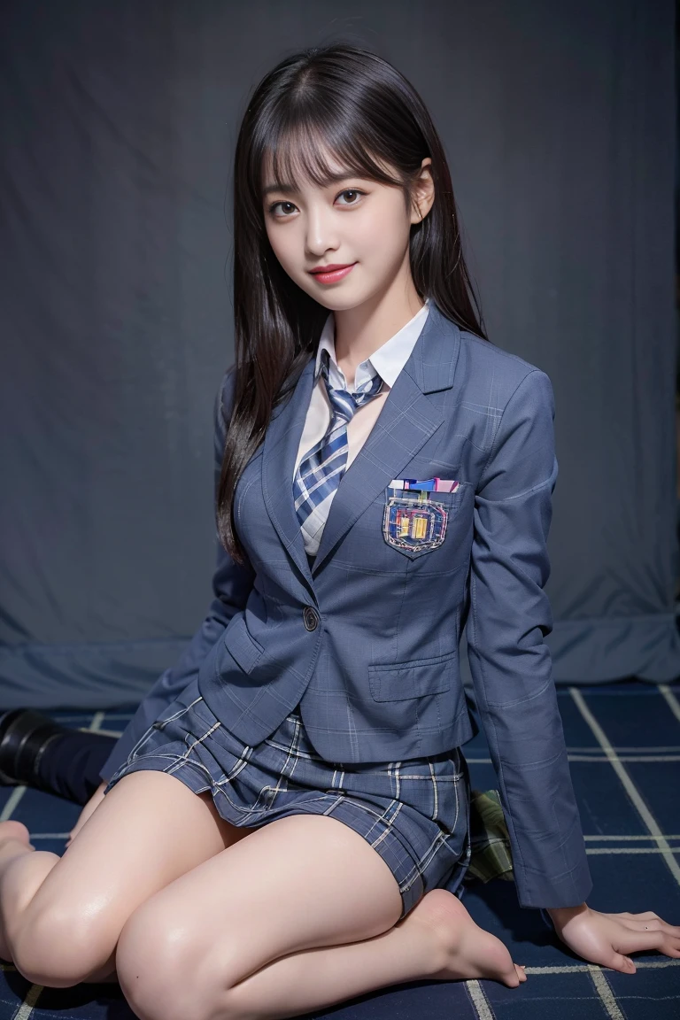(8k), (highest quality: 1.2), (Realistic), (Realistic: 1.37), Ultra-high resolution, (1 girl), cute, blush,Embarrassed smile, Beautiful details, Beautiful Nose, Wet Hair, Giant Dulcefo, pork, Thighs,Self Snap,University Uniforms,(A simple navy blue blazer:1.4),(Pleated skirt:1.2),(The skirt and tie are gray tartan check pattern.:1.3),(Sitting:1), Sit on the ground,(Hold my feet:1),(Shiny legs:1.2),from the front,knees