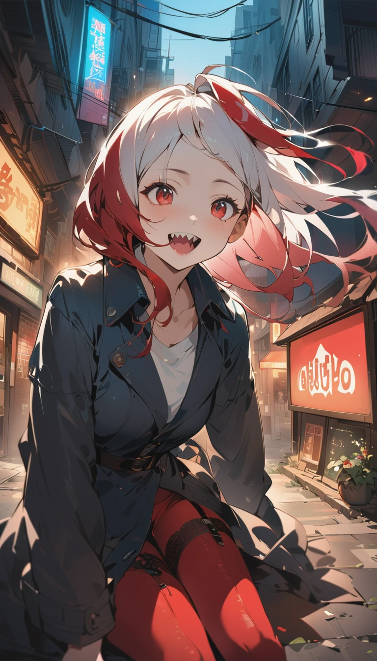 quality\(masterpiece, best quality,8K,非常に精細なCGユニットのwallpaper,High resolution,top-quality,top-quality real texture skin,Surreal,Increase the resolution,RAW Photos,最高quality,Very detailed,wallpaper\), break ,Black trench coat, Black trench coatを着た1人の女の子:1.5,\(Girl,cute,Red hair,Red Bunny Girl:1.37, Red Pantyhose, Red Garter Belt, Red Eye,Big eyes,Eyes Shining,Drinking blood,smile,Sharp teeth,Open your mouth,\), break ,background(outside,night,neon,Backstreets)