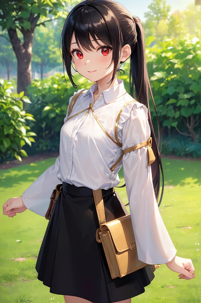 (masterpiece; best quality: 1.2), (finely detailed eyes: 1.3), ((10 year old female ???)), ((solo)), (red eyes: 1.4), (body; short, slender: 1.3), (black hair in ponytail: 1.3), (beautiful and clear background: 1.2), ((depth of field)), (clothes: wanderer mage attire + white-and-gold wide-sleeve shirt + very long black skirt + traveler pouches and satchel: 1.3), (anime illustration: 1.2), (background; garden exterior: 1.1), (extremely fine and beautiful: 1.1), (shot composition; standing + centered on torso + close-up: 1.5), (expression; calm, smile: 1.2)