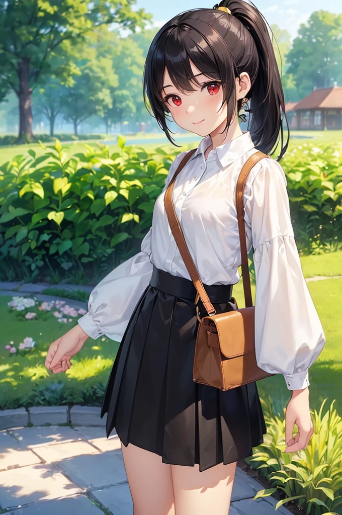 (masterpiece; best quality: 1.2), (finely detailed eyes: 1.3), ((10 year old female kid)), ((solo)), (red eyes: 1.4), (body; short, slender: 1.3), (black hair in ponytail: 1.3), (beautiful and clear background: 1.2), ((depth of field)), (clothes: wanderer mage attire + white-and-gold wide-sleeve shirt + very long black skirt + traveler pouches and satchel: 1.3), (anime illustration: 1.2), (background; garden exterior: 1.1), (extremely fine and beautiful: 1.1), (shot composition; standing + centered on torso + close-up: 1.5), (expression; calm, smile: 1.2)