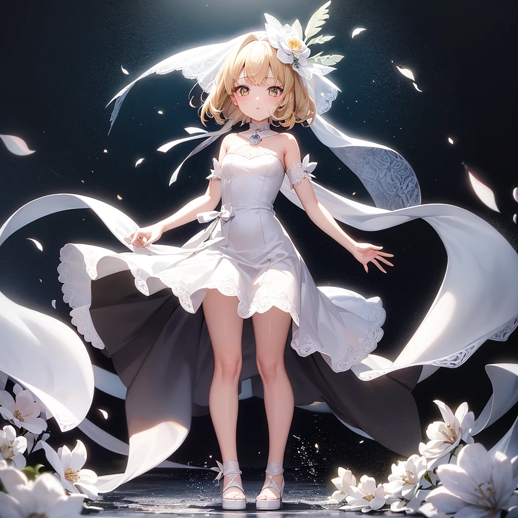 (((White Wedding Dress))), ((Bellline)),((In a naughty way)),Cute little loli,Tiny Lori,Small girl,,Childish face, Very fine clean face,Top quality, Big eyes,Straight Hair,Yellow hair,Crimson Eye,(Dark Room), Subtle light, Natural light,Soft lighting,Light from directly behind, (Are standing), Cute pose, (Open your hands), Showing the whole body,Front view,Black background