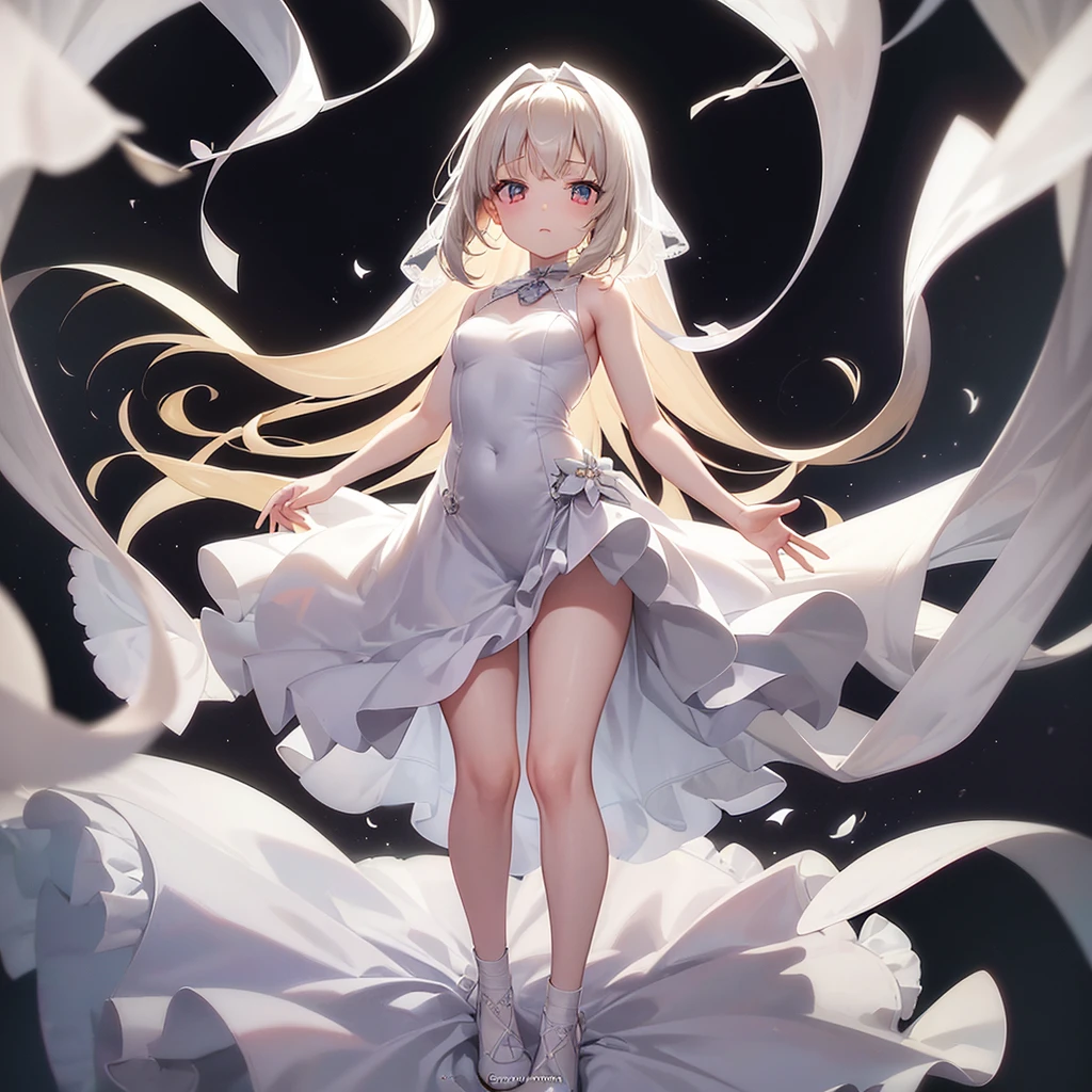 (((White Wedding Dress))), ((Bellline)),((In a naughty way)),Cute little ,Tiny Lori,Small girl,,Childish face, Very fine clean face,Top quality, Big eyes,Straight Hair,Yellow hair,Crimson Eye,(Dark Room), Subtle light, Natural light,Soft lighting,Light from directly behind, (Are standing), Cute pose, (Open your hands), Showing the whole body,Front view,Black background