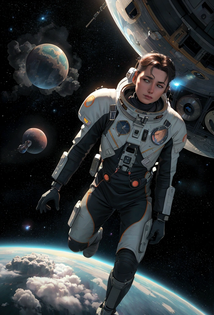 (best quality, 4K, high resolution, Artwork:1.2), (realistic, photorealistic, photorealistic:1.37), full body, astronaut falling down in space, in the background we have a black hole and some stars, science fiction, Retro-futuristic technology, Starry fog, exploration, adventure, mystery, Galactic environment, exalted, Interstellar travel, dramatic contrast, distant planets, Majestic face, Sci-fi fashion, smoke and fog effects, contrasting textures, timeless beauty
