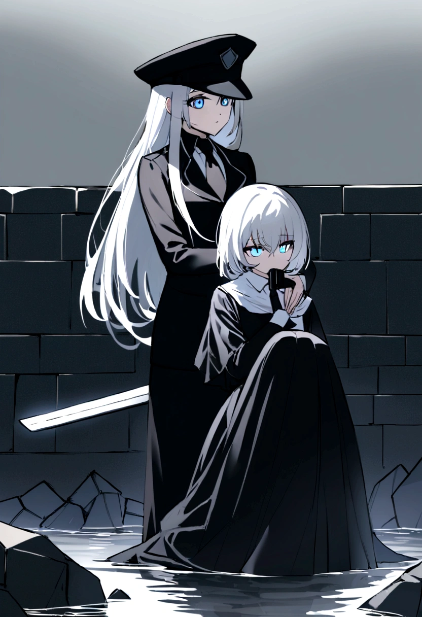 Draw a girl with a black police hat., have a black butler uniform have a black tie, her white hair, her light blue eyes that she is sitting leaning her back against the shattered brick wall with a lifeless look in her eyes while a stream of blood falls from her mouth and that her stomach has a sword embedded while in her right hand she has a gun silencer