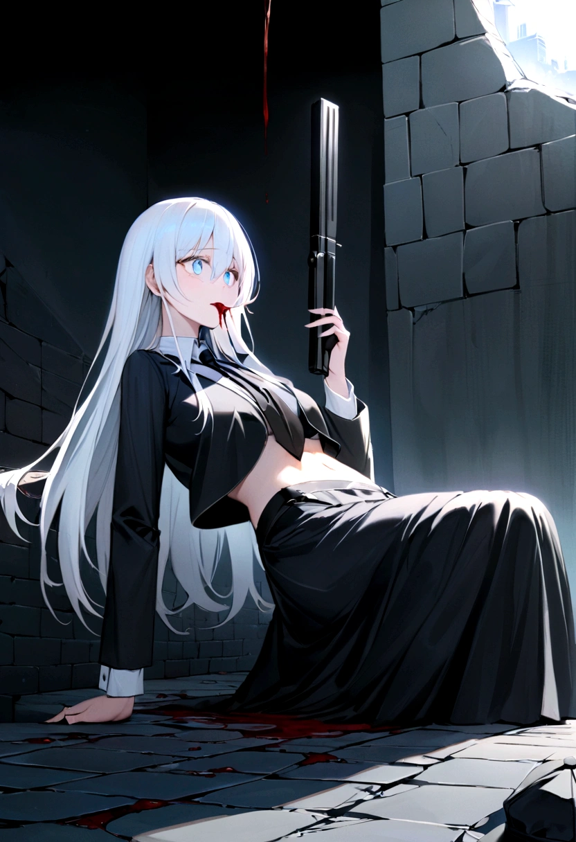 Draw a girl with a black police hat., have a black butler uniform have a black tie, her white hair, her light blue eyes that she is sitting leaning her back against the shattered brick wall with a lifeless look in her eyes while a stream of blood falls from her mouth and that her stomach has a sword embedded while in her right hand she has a gun silencer