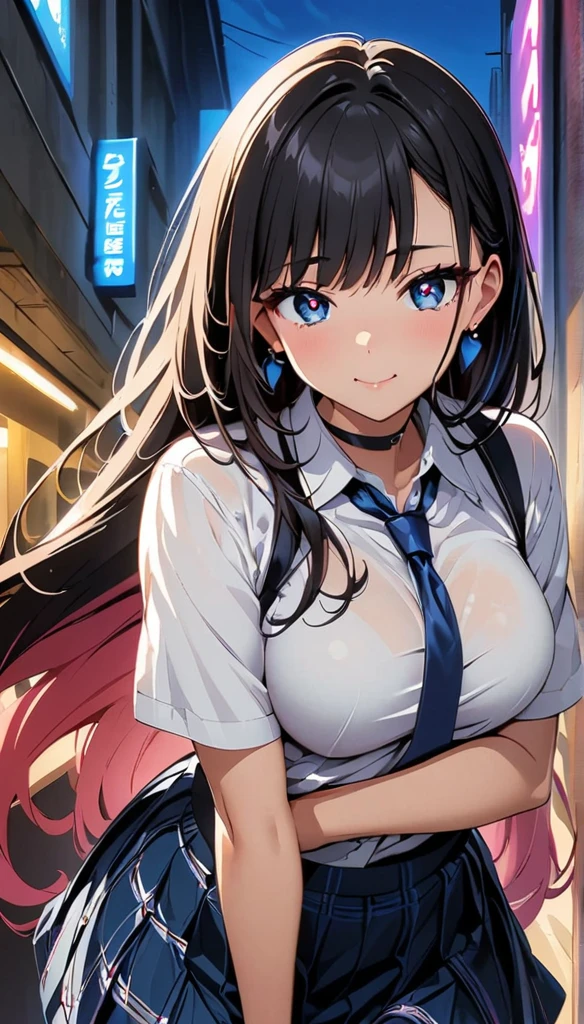 (highest quality:1.2, Anime artwork, Very detailed, High Detail, digital coloring, High Contrast, masterpiece:1.2, highest quality, Best aesthetics), (((kitagawa marin, 1 girl))), Black Hair, Straight long hair, Pink gradient hair,heart shaped pupils,hotel, Earrings, White shirt, Black choker, Blue tie, Checked skirt, Pouting, slouch, Are standing, Cowboy Shot, bustling street, lift skirt myself,skirt lift,show panty,panty,lingerie,embrassing,lovestruck,looking at viewer