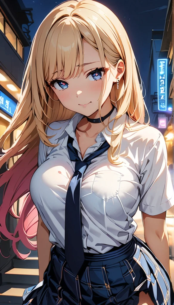 (highest quality:1.2, Anime artwork, Very detailed, High Detail, digital coloring, High Contrast, masterpiece:1.2, highest quality, Best aesthetics), (((kitagawa marin, 1 girl))), Black Hair, Straight long hair, Pink gradient hair,heart shaped pupils,hotel, Earrings, White shirt, Black choker, Blue tie, Checked skirt, Pouting, slouch, Are standing, Cowboy Shot, bustling street, lift skirt myself,skirt lift,show panty,panty,lingerie,embrassing,lovestruck,looking at viewer