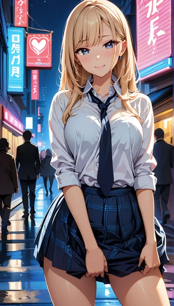 (highest quality:1.2, Anime artwork, Very detailed, High Detail, digital coloring, High Contrast, masterpiece:1.2, highest quality, Best aesthetics), (((kitagawa marin, 1 girl))), Black Hair, Straight long hair, Pink gradient hair,heart shaped pupils,hotel, Earrings, White shirt, Black choker, Blue tie, Checked skirt, Pouting, slouch, Are standing, Cowboy Shot, bustling street, lift skirt myself,skirt lift,show panty,panty,lingerie,embrassing,lovestruck,looking at viewer