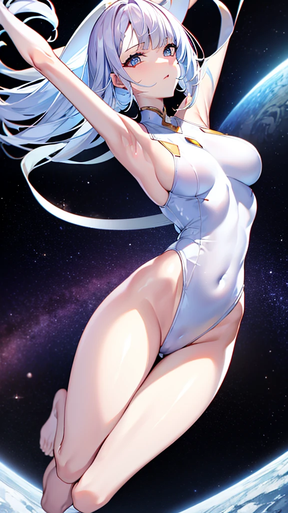 Cream white short messy hair, space ship, space dress (white one piece no extra clothing), sexy slim body, creamy shiny skin, super huge breasts, full body