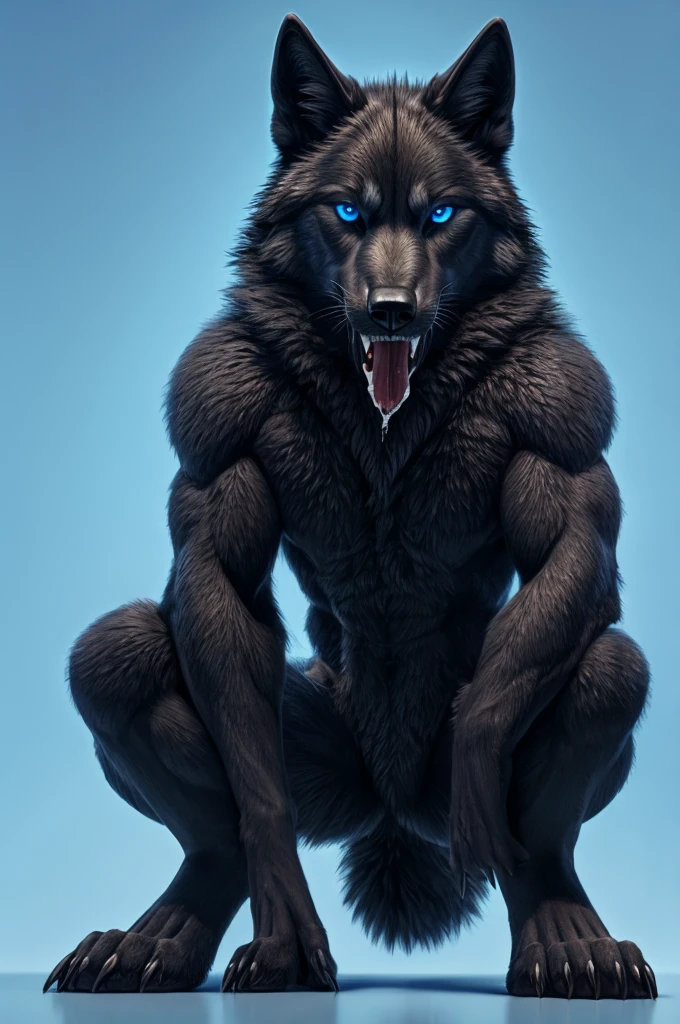 Perspective from below black wolf naked male furry legs apart looking down blue background squat pose blue eyes serious look claws on knees fluffy tail scars growling salivating