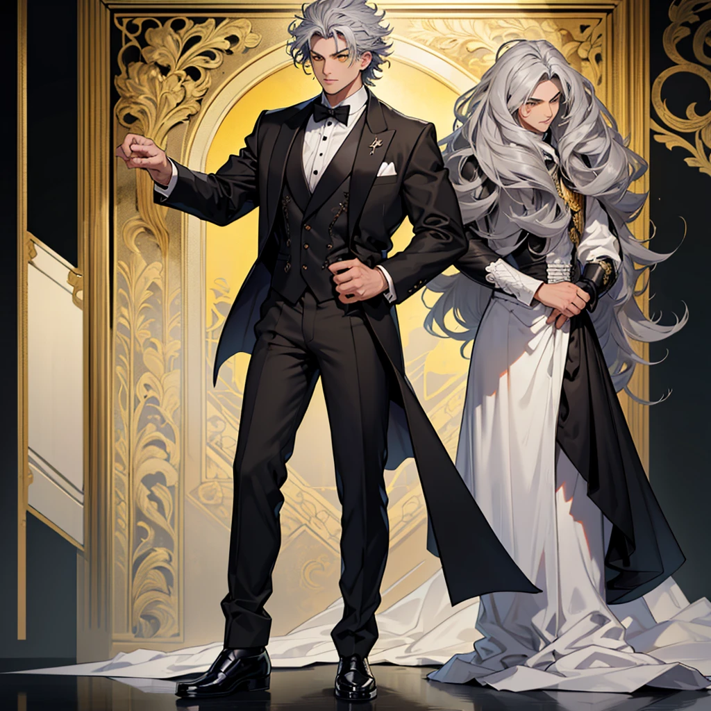 A 15 year old boy, just a boy, just a boy, weak body, fragile body, no muscles, big gray hair, gray hair, very big hair, extremely big hair, big hair, yellow eyes, suit, wearing black suit, tuxedo, wearing tuxedo, medieval background, medieval era, Ultra HD 4k, 4k, Ultra HD