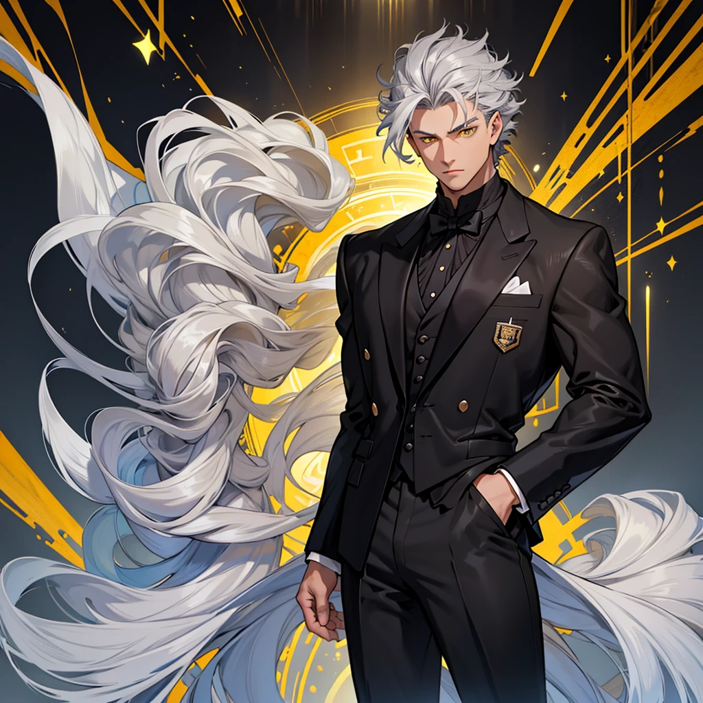 A 15 year old boy, just a boy, just a boy, weak body, fragile body, no muscles, big gray hair, gray hair, very big hair, extremely big hair, big hair, yellow eyes, suit, wearing black suit, tuxedo, wearing tuxedo, medieval background, medieval era, Ultra HD 4k, 4k, Ultra HD