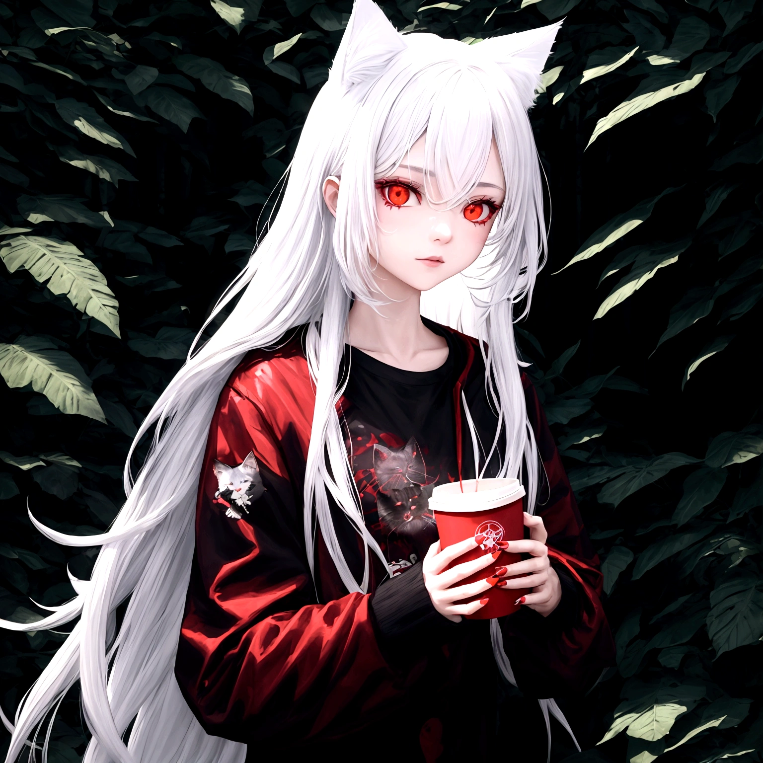 1 girl, beautiful, cool, long hair, white hair, cat ear, red eye, black jacket, red t-shirt, holding a coffee, nature place, perfect, masterpiece, detailed, no glitch, 8k