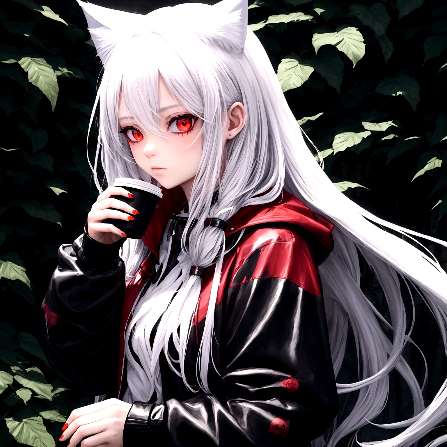 1 girl, beautiful, cool, long hair, white hair, cat ear, red eye, black jacket, red t-shirt, holding a coffee, nature place, perfect, masterpiece, detailed, no glitch, 8k