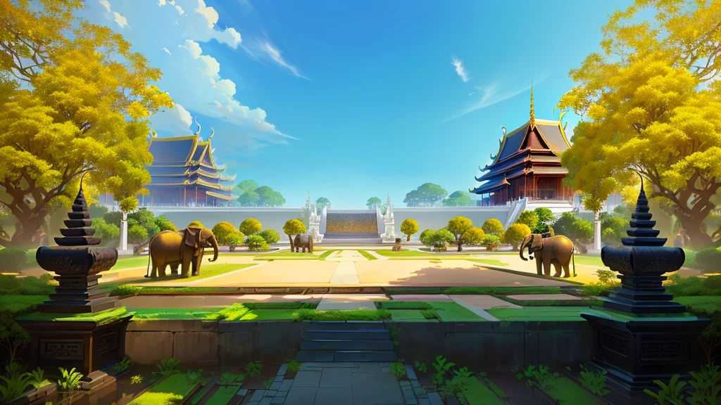 there is a painting of a courtyard with 2 gold elephants statue thailand and thailand temple, arena background, mobile game background, background art, background artwork, palace background, game background, temple background, volley court background, zen temple background, anime background art, royal garden background, amazing wallpaper, anime background, 2 d game art background, park background, anime scenery concept art, videogame background, Cassia fistula, far architect thailand, thailand temple, temple behind, thailand mood, thailand backgound