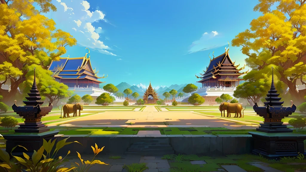 there is a painting of a courtyard with 2 gold elephants statue thailand and thailand temple, arena background, mobile game background, background art, background artwork, palace background, game background, temple background, volley court background, zen temple background, anime background art, royal garden background, amazing wallpaper, anime background, 2 d game art background, park background, anime scenery concept art, videogame background, Cassia fistula, far architect thailand, thailand temple, temple behind, thailand mood, thailand backgound