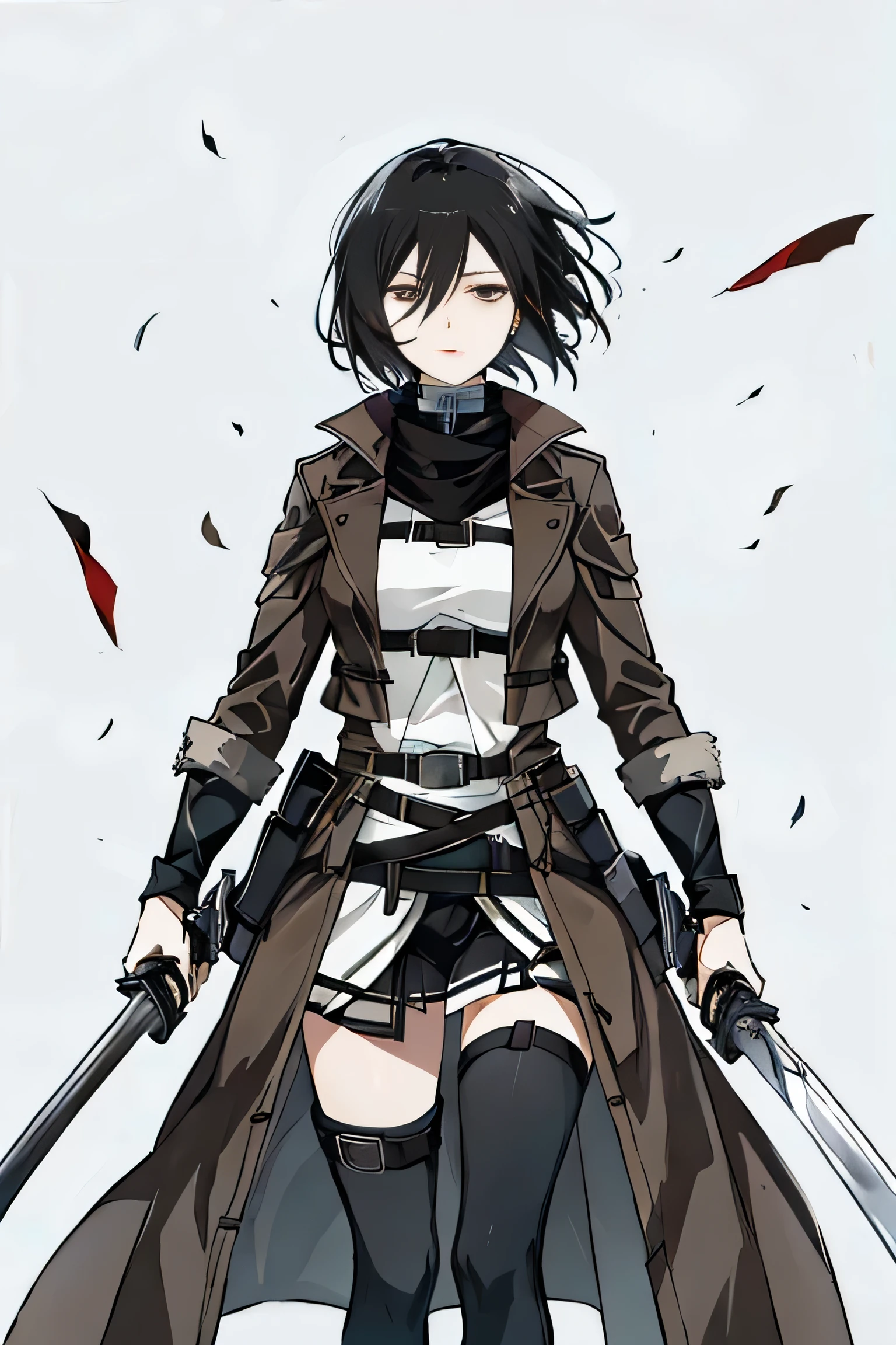A woman,Black short hair,Mikasa,Brown coat,Waist,Two swords,Cold expression