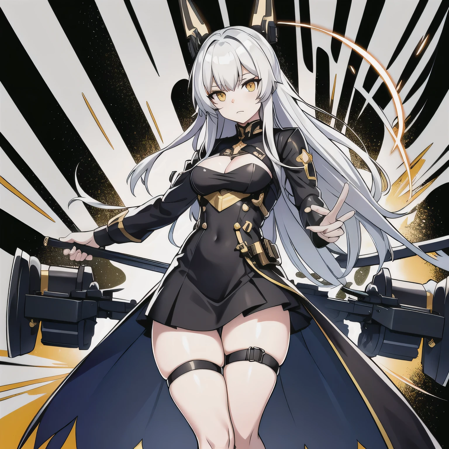 one Anime girl wearing a black dress and has yellow hair, yellow eyes, from girls frontline, girls frontline style, Kantai collection style, From the night of the ark, girls frontline universe, Fine details. Girl Front, Girls Frontline CG, Girl Front,arknight, azur lane style, white haired Cangcang, trending on artstation pixiv，simplebackground，The halo, holding a sword in battle stance