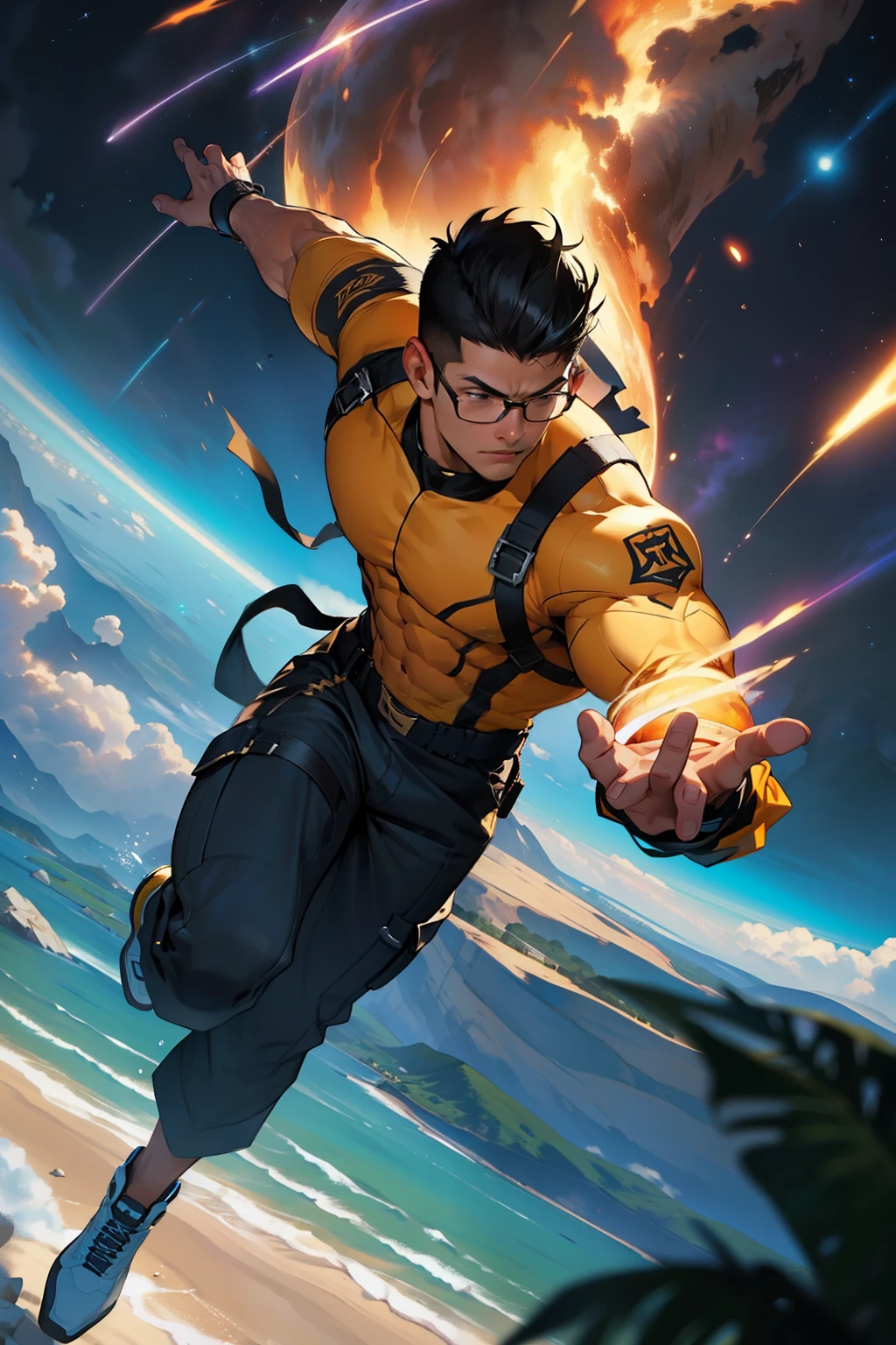 A towering, muscular Latino ager with a stellar physique, adorned with a burst fade haircut and glasses, stands prominently in the scene. His sculpted features are accentuated by the high-resolution, 8K imagery, making him the perfect embodiment of a masterpiece. The teen exhibits his gravity manipulation abilities, a spectacle of company with his hands raised, defying the natural pull of the Earth. His tanned skin glistens under the perfect lighting, making a striking contrast with the gravity-bending force field surrounding him. The burst fade, combined with his glasses, adds an intellectual and matured touch to his overall appearance.