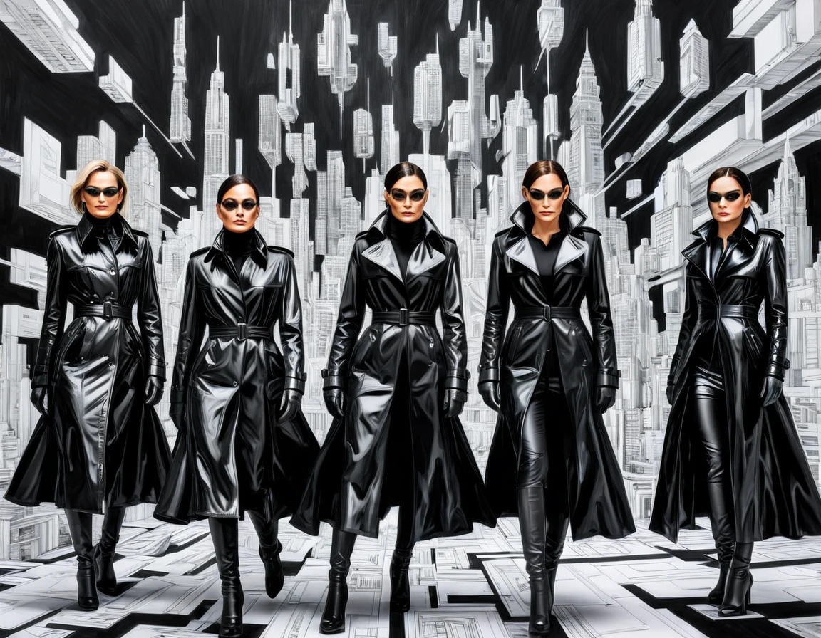 On a sheet of paper placed on a large desk, Drawing large 4D figurines in stunning and breathtaking uhd ink style, Trinity, a group of ten identical sublime women in Black trench coat, matrix style, futuristic city center,  fully detailed, high quality, high resolution 