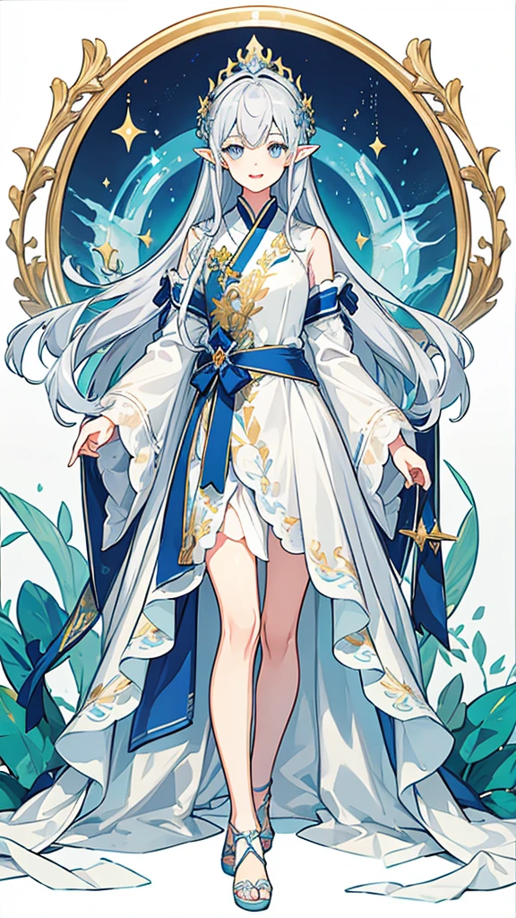 ((Highest quality)), ((masterpiece)), (detailed), One girl, The background is nature、The weather was sunny.、Silver hair straight long hair、Half Up、Parallel thin eyebrows、Double droopy eyes、Thin lips、Small nose、Blue Eyes、Long eyelashes、Delicate appearance、Illustration seen from the front、A big smile with an open mouth、White dress、Fantastic illustrations、Highlights are 7 colors、The light is on my face、Illustration of eyes matching the viewer、Elf、For delivery、Character portrait、whole body、Down to the toes、