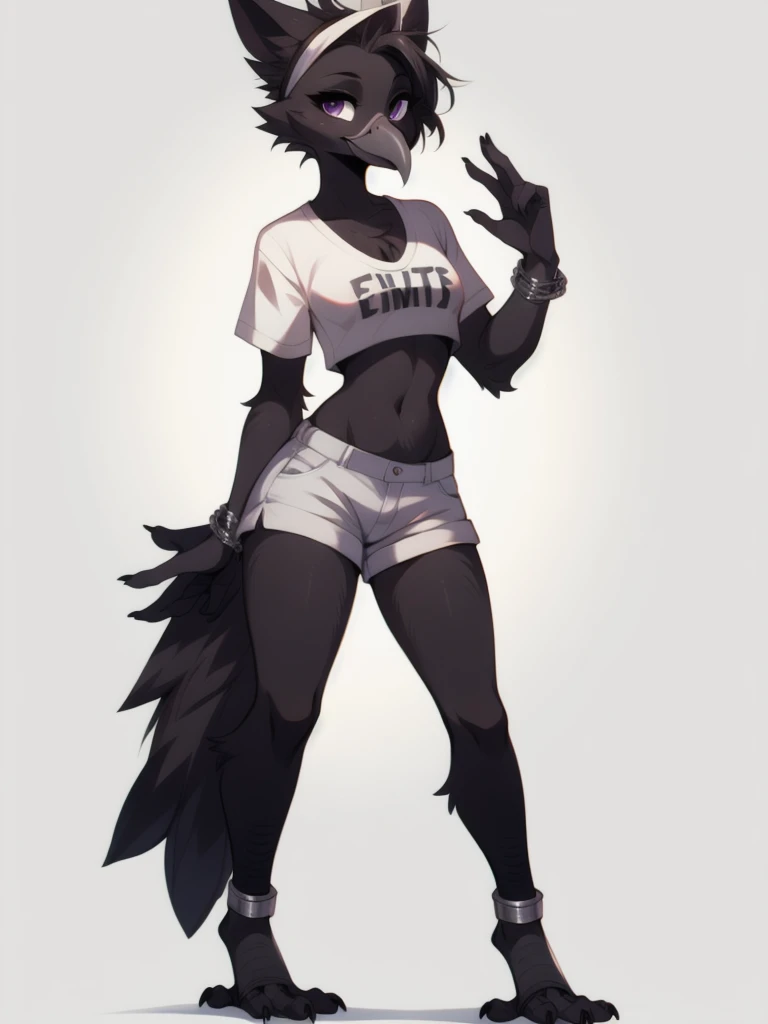 By fumiko, by hyattlen, an Anthropomorphic avian crow girl, female, black birds crest on head, black bird ears, small grey beak, tall, black body, standing, white background, purple eyes, hands with five fingers, wearing white shirt, white short shorts, silver bracelets, full body shot,