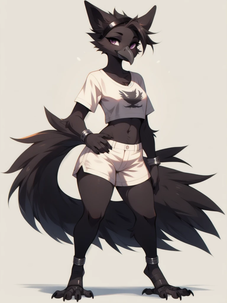 By fumiko, by hyattlen, an Anthropomorphic avian crow girl, female, black birds crest on head, black bird ears, small grey beak, tall, black body, standing, white background, purple eyes, hands with five fingers, wearing white shirt, white short shorts, silver bracelets, full body shot, 