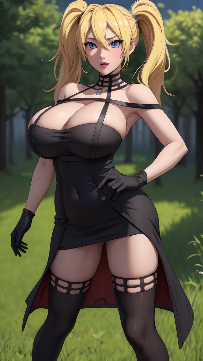 masterpiece, best quality, extremely detail 8k cg, high resolution, 1girl, narukouzumaki, twintails, wisker marks, blonde hair, blue eyes, perfect eyes, slim body, huge breasts, bursting breasts, standing, black dress, black thighhighs, black gloves, seductive face, outdoors, garden, night time, beautiful face, wide shot photo, full body