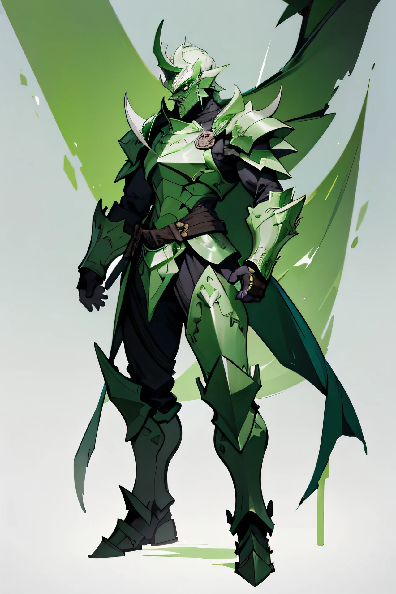 Dragonborn,green skin,white armour,paladin,green dragon head, full body
