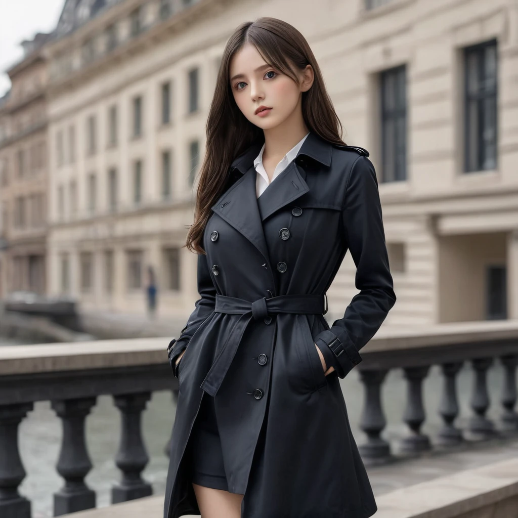 Black Trench Coat, tight one piece dress, Trench Coat over dress,  ((realistic, masterpiece, Best Quality, 8K, high resolution:1.3)), photorealistic, (illustration:0.7), extremely fine, extremely detailed CG, 1girl, good anatomy, long hair, detailed face, detailed eyes, Cat eyes, beautiful detailed lips, long eyelashes, detailed hair, model body type, beautiful standing figure,