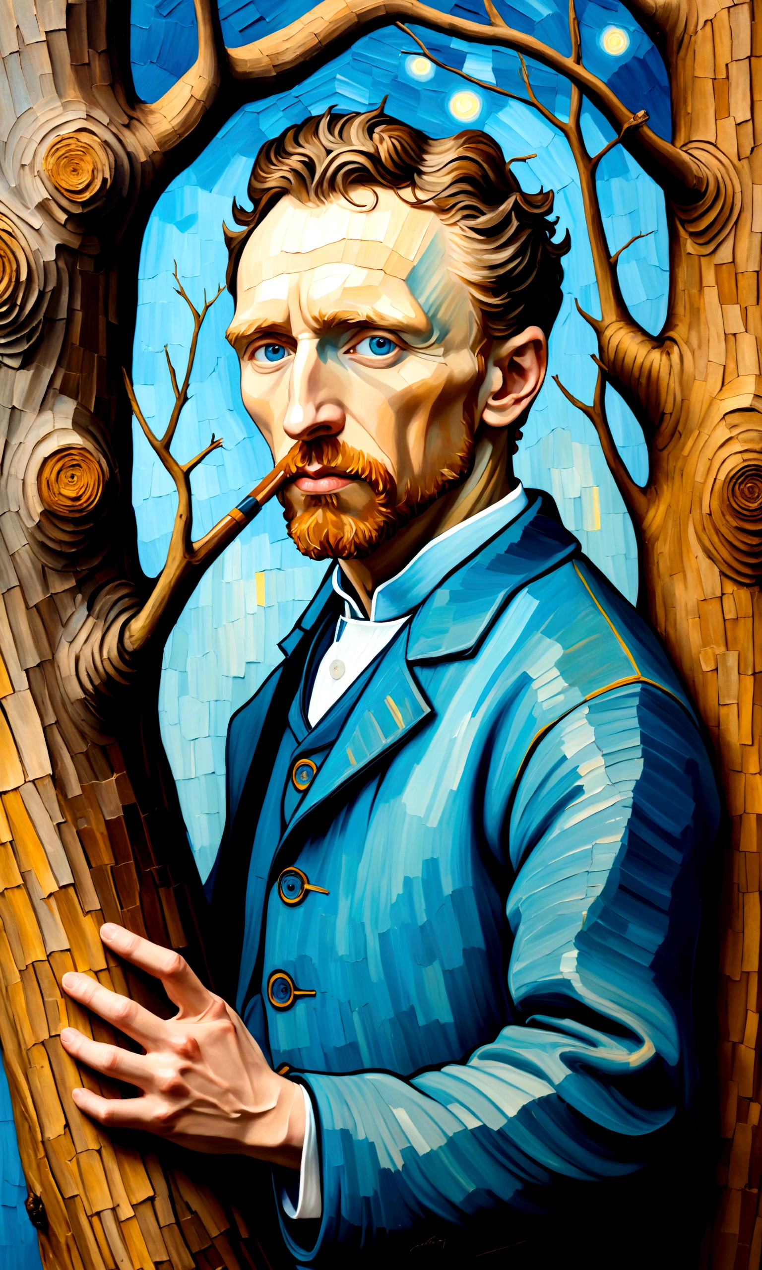 Oil painting of Van Gogh self portrait with tree bark as the canvas, the painting is on the tree bark