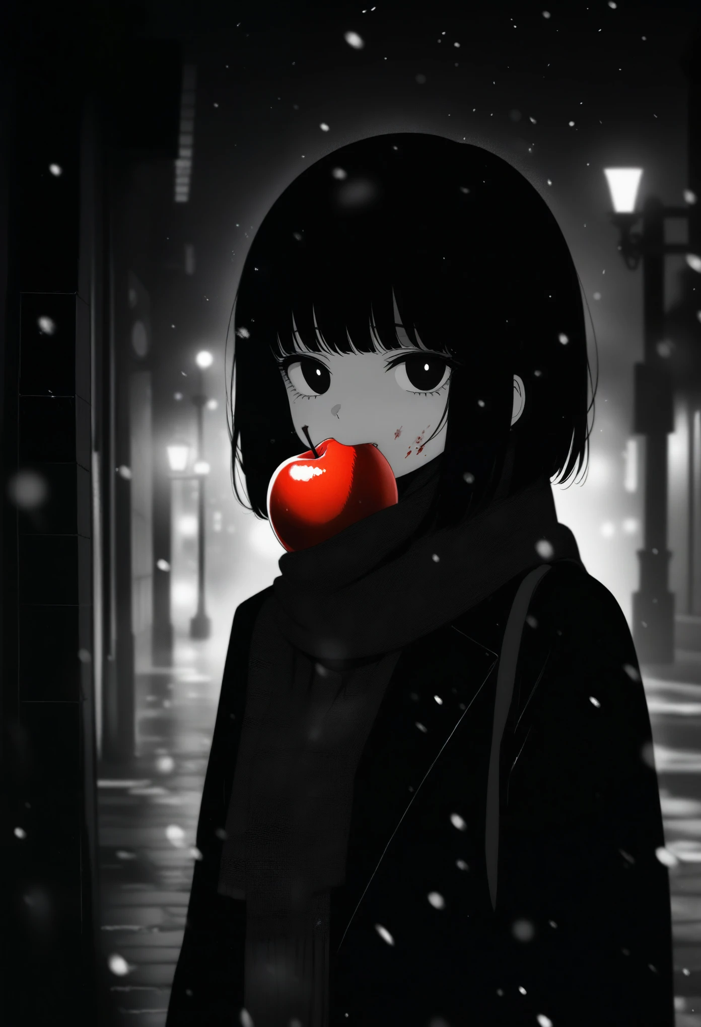 masterpiece, best quality, 1girl, momose_(oqo) official art, grayscale, manga style, japanese, chi no wadachi, black eyes, glowing white pupils, street, iced, black hair, schoolbag, lineart, looking at viewer, blood on face, black coat, black scarf, 35 years old, mature_female:1, tall, fair skinned, bokeh background, bob cut, light particles, centered, snowing, emotional anime scene, scenery, outdoors, (very aesthetic, best quality, ultra detailed), intricate details, red and blue lights flashing, cool, soleless, emotionless, tired, taking a bite out of a shiny red apple, eating apple, holding apple to lips, holding, street lamp, surrounded by darkness, stars in the sky, biting, full shot, sidewalk