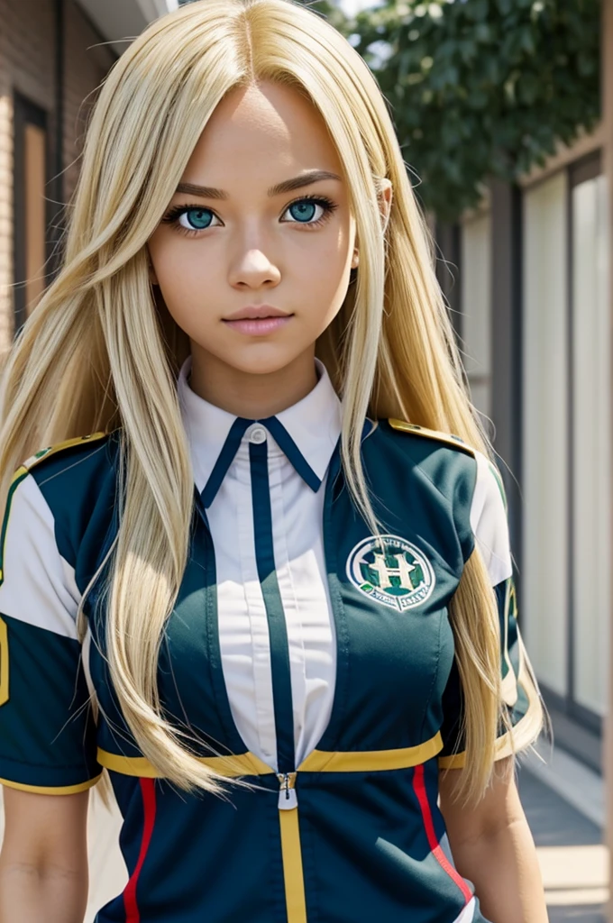 Screenshot of Boku no Hero Academia Blonde Girl, long hair, light skin and green eyes with the UA uniform