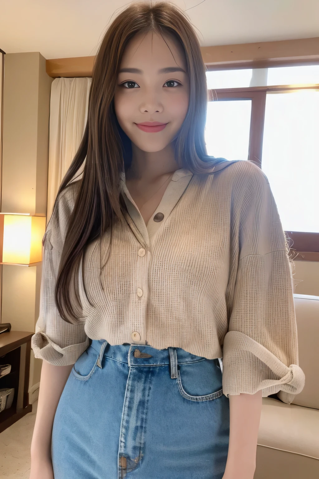 seed:2020674263.((Full body angle:1.1)).((Highest quality, 8K, masterpiece:1.3)), ((from below:1.1)).concentrated:1.2, Perfect body beauty:1.4, Hips:1.2, ((Delicate Hair)), (Colorful button-through crop shirt :1.1) , ((Highest quality、8k、masterpiece:1.3))、1 Girl、A sloppy smile、Esbian all over、Slim face、Big Boobs、Beautiful woman、(Dark Brown Hair)、Long Hair、1、Flickering Valley、Detailed eyes、double eyelid、Blurred Background、超Slim face、Smile、Looking down、stroll、