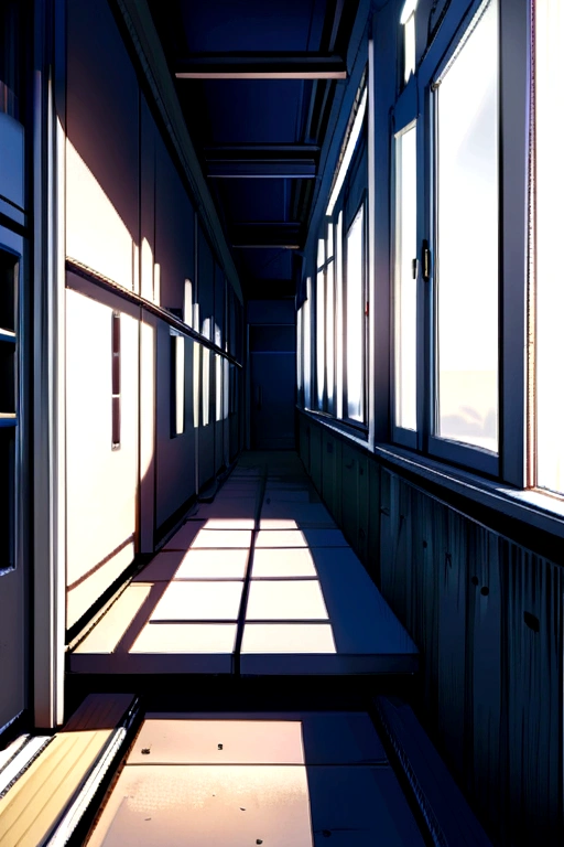 Exterior of a Japanese school hallway, a concrete sitting bench, without people, large metal lockers 