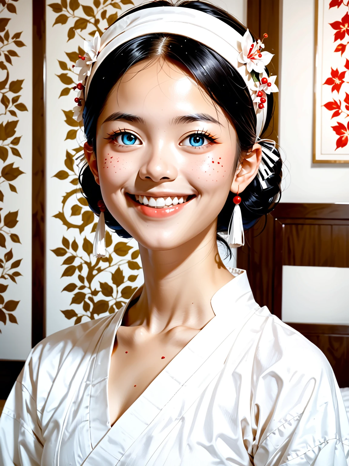 The image shows a beautiful woman, young girl person wearing long mukena sholat traditional Islamic attire, including a white long mukena sholat traditional leaving only the face visible. The individual is smiling and appears to be indoors with architectur