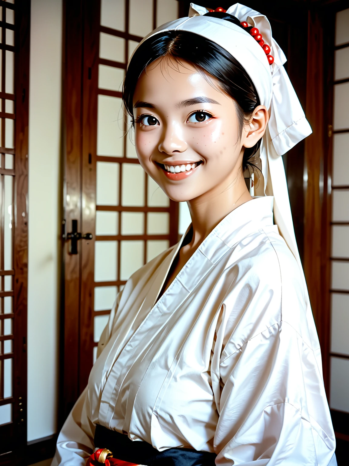 The image shows a beautiful woman, young girl person wearing long mukena sholat traditional Islamic attire, including a white long mukena sholat traditional leaving only the face visible. The individual is smiling and appears to be indoors with architectur