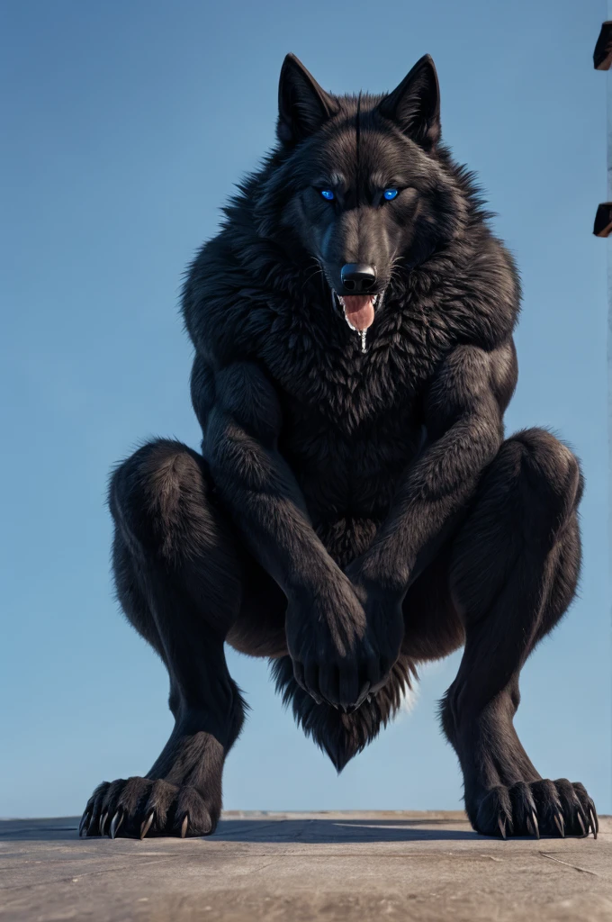 Perspective from below black wolf naked male furry legs apart looking down blue background squat pose blue eyes serious look claws on knees fluffy tail scars growling salivating