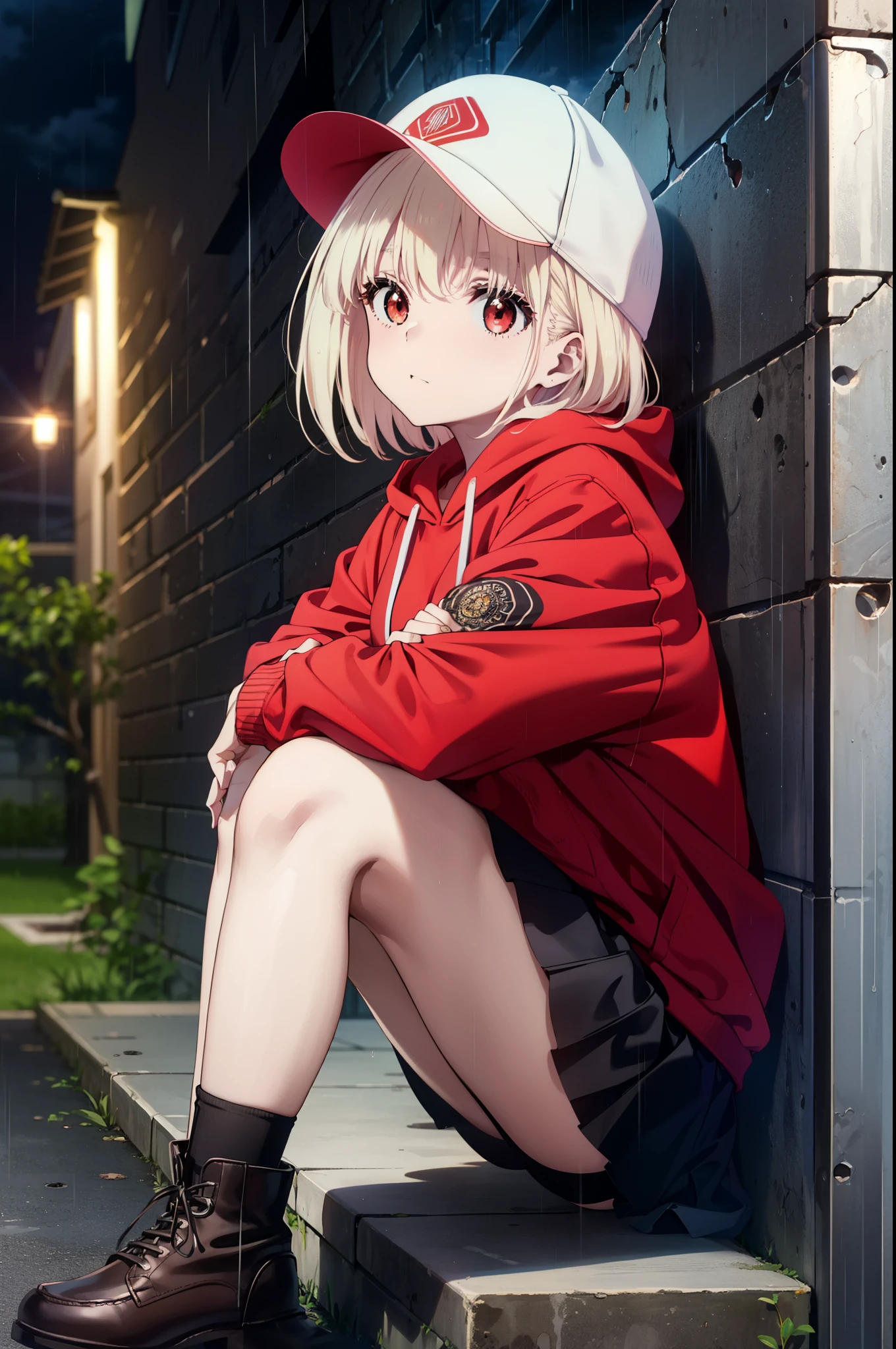 , Chisato Nishikigi, long, bangs, Blonde, (Red eyes:1.5), Baseball cap,Oversized red hoodie,mini skirt,Black knee socks,short boots,sitting leaning against the wall,rain,cloudy,Hide under the roof,whole bodyがイラストに入るように,
break outdoors, alley,
break looking at viewer, whole body,
break (masterpiece:1.2), Highest quality, High resolution, unity 8k wallpaper, (shape:0.8), (Beautiful attention to detail:1.6), extレムely detailed face, Perfect lighting, extレムely detailed CG, (Perfect hands, Perfect Anatomy),