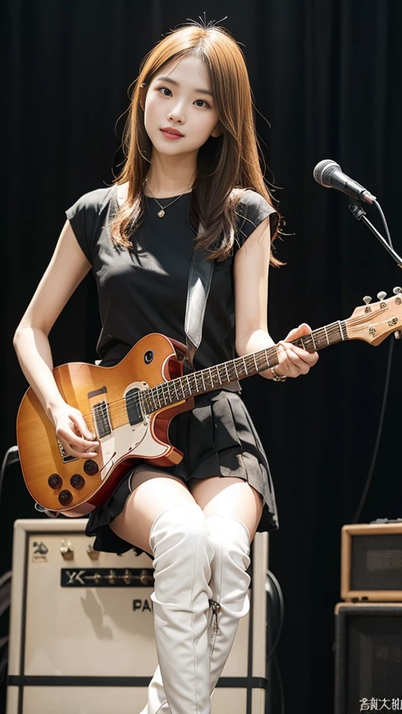 Taiwanese women，Female Model，Slim，Good shape，HD，pleated，Knee-high boots，blond,playing guitar 
