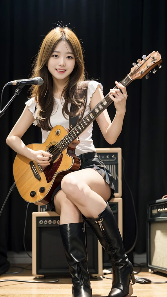 Taiwanese women,Female Model,Slim,Good shape,HD,pleated,Knee-high boots,blond,playing guitar